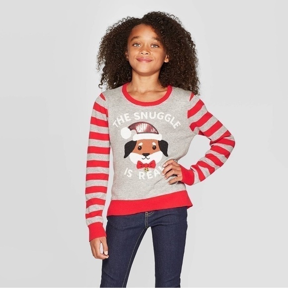 NWT The Snuggle is Real Puppy Ugly Christmas Sweater Grey Red size small 6-6x - Picture 1 of 7
